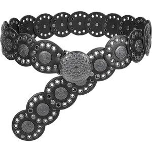 Women Vintage Disc Waist Belts Concho Leather Belts Boho Waist Belt Black Buckle